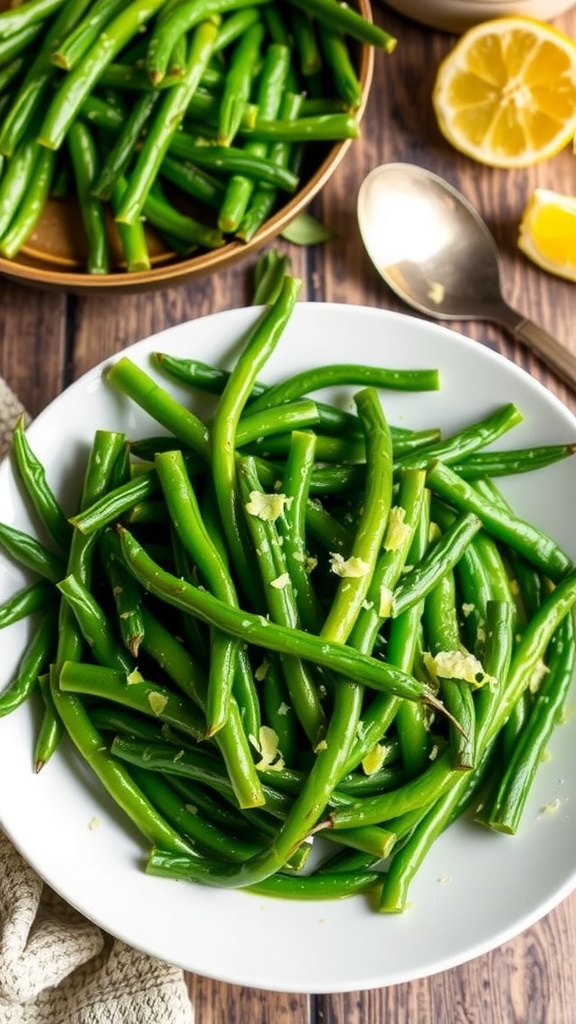 A bowl of sautéed green beans with garlic and lemon zest on a rustic kitchen table.